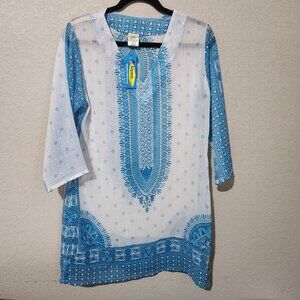 Rima Beachworld Large Tunic New 3/4 sleeve Blue White Boho Long Festival Beach